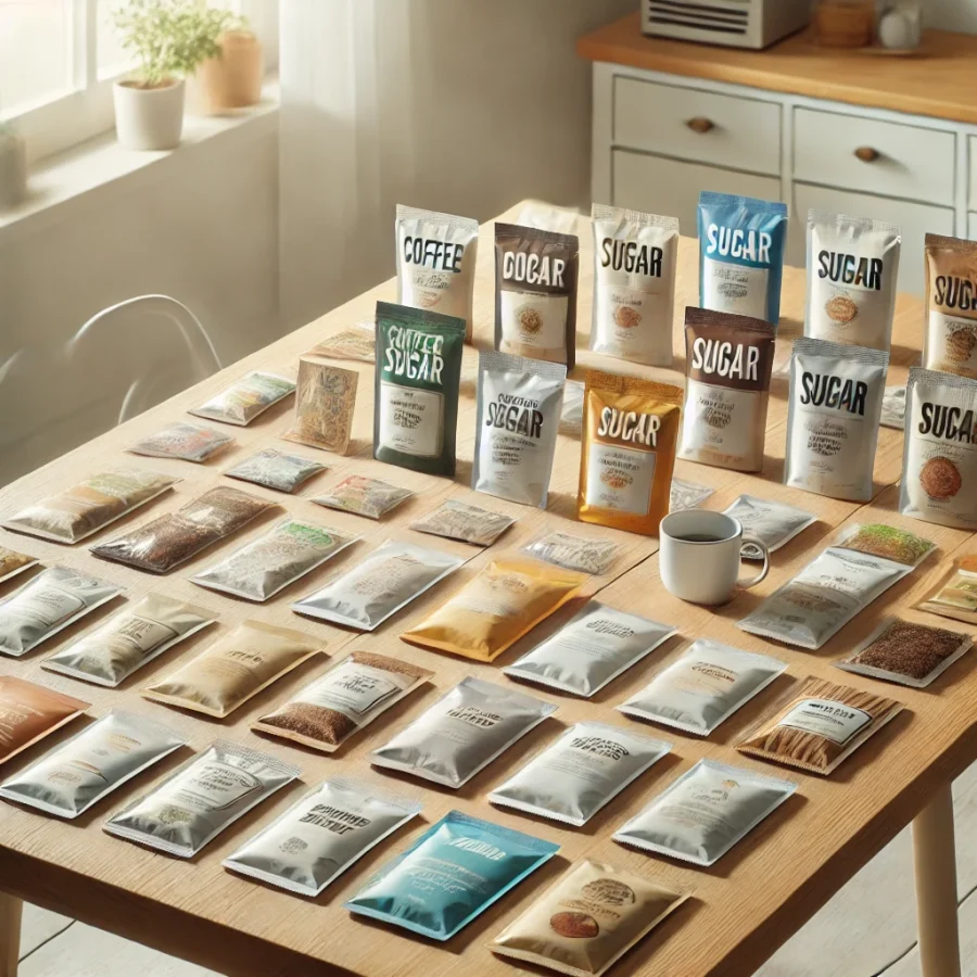 A table with several sachet packs neatly arranged on it. The sachets are of various sizes and colors