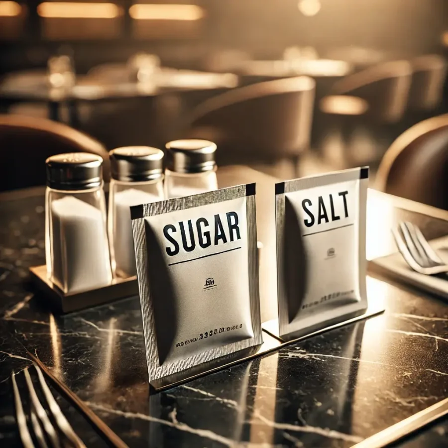 DALL·E 2024-10-29 11.37.03 - A close-up view of individually wrapped sugar and salt sachets lying on a luxury cafe table. The sachets are sleek with minimalist labels for either s (1)